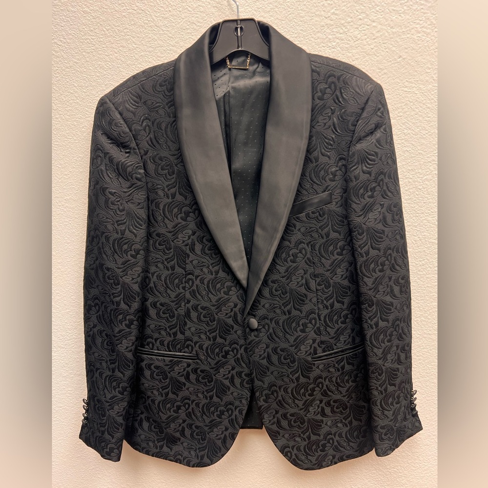 Barabas Tuxedo Embroidered Satin One Button Closure Blazer Size 40